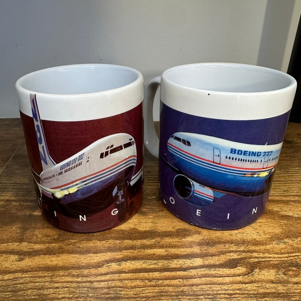 Vintage Boeing 737-300 and 777 Aircraft Coffee Mug Set Aviation Pair